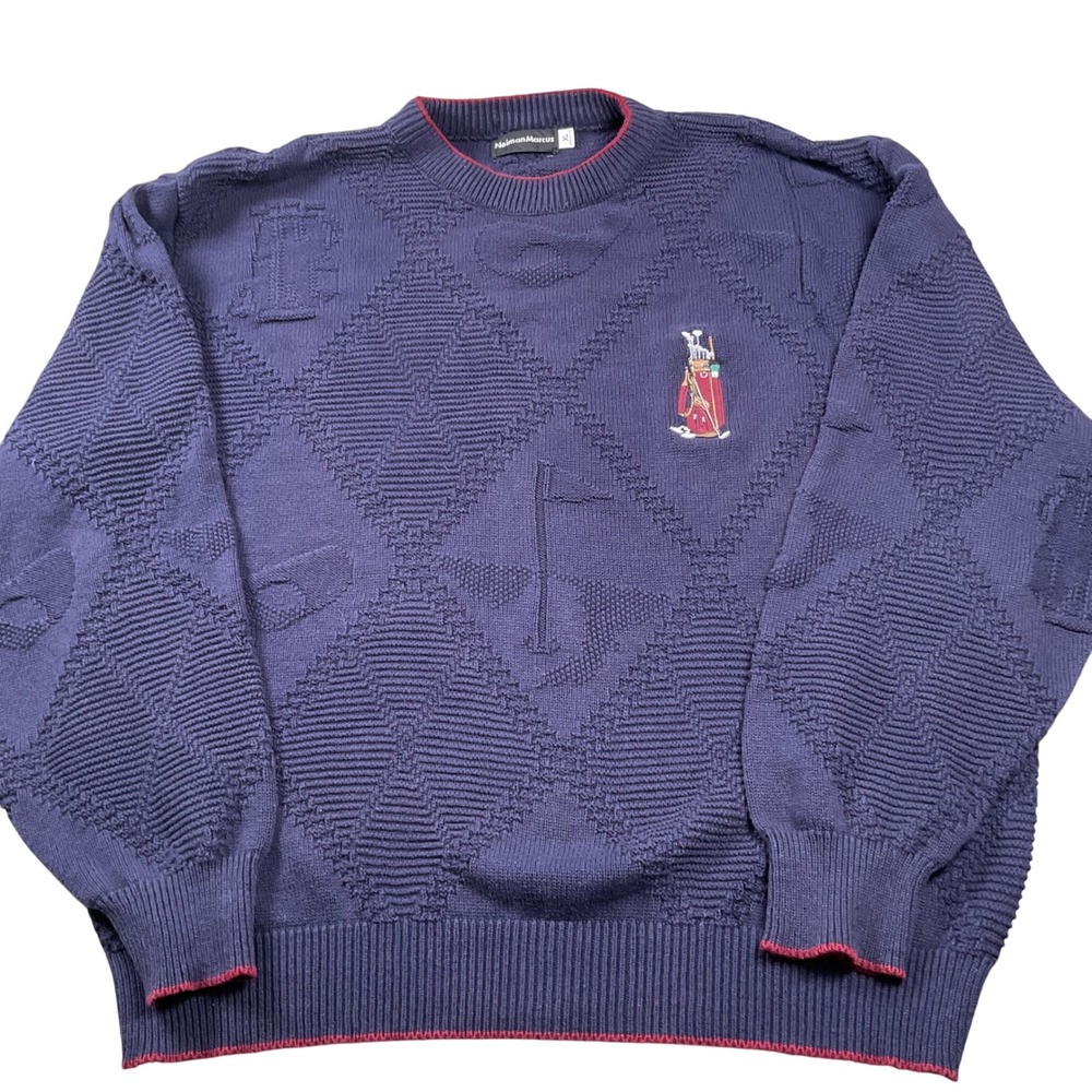 Vintage Neiman Marcus Men's‎ Navy Golf Embroidered Cotton Sweater